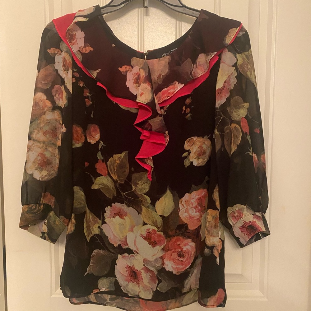 New Look Black Floral Blouse with Red Accents